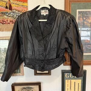 Vintage 80s Global Identity G-III Leather Bomber Black Cropped Designer Jacket M